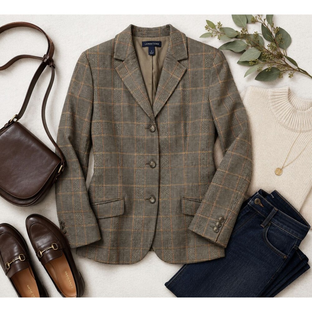 Lands' End Womens 8 Wool Cashmere Plaid Blazer Jacket Brown Tan 3 Button